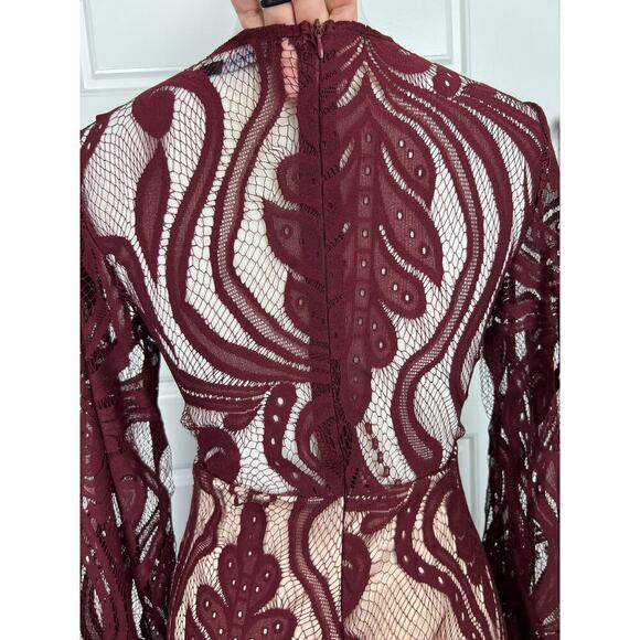 Kasamysoul Woman's Lace Embroidered Cranberry See Thru Lining Flowy Dress Medium - Picture 8 of 13